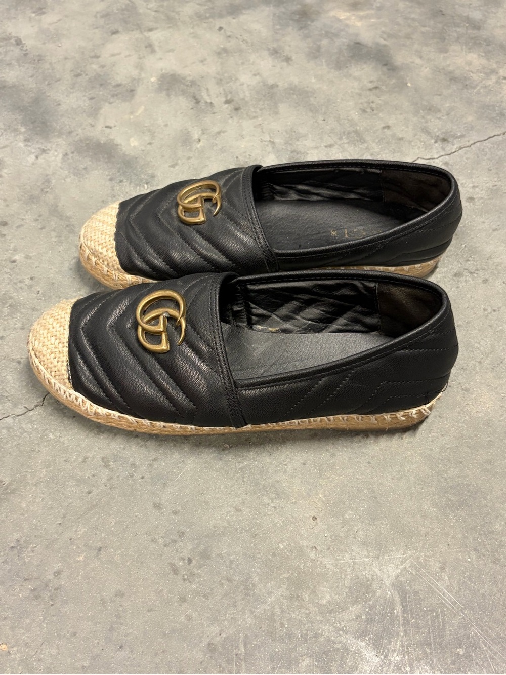 Black Quilted Espadrille Slip-On with Gold Double-G Accent
